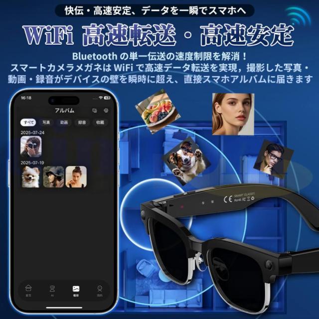 新登場！スマートグラス マイク内蔵 AIワイヤレスメガネ Bluetooth5.3 AI検索 AI翻訳 500W解像度 録画 録音 iphone対応 アプリ記録 音楽再生 通話可能 ブレない