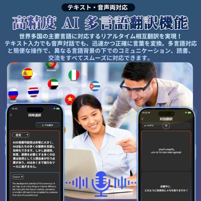 新登場！スマートグラス マイク内蔵 AIワイヤレスメガネ Bluetooth5.3 AI検索 AI翻訳 500W解像度 録画 録音 iphone対応 アプリ記録 音楽再生 通話可能 ブレない