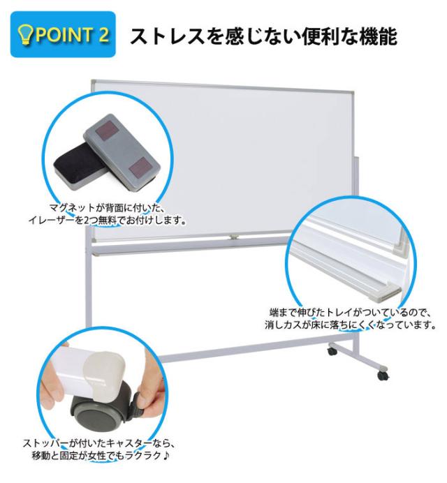 【法人限定】OFFICE FUNITURE オフィスファニチャー 両面脚付きホワイトボード W180 月予定/無地　(ホワイトボード 脚付き 両面 回転式 横型 マグネット 会議室 事務所 SOHO 法人限定 店舗 シンプル 幅180cm イレーサー付き)_2