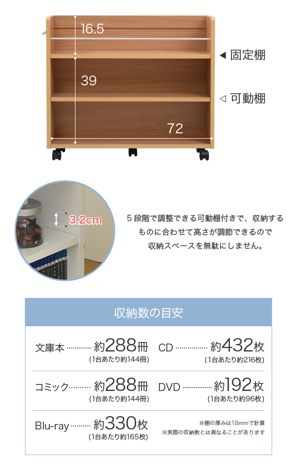CLOSET RACK クローゼット用 本棚 2個セット 幅19cmx奥行78cm　(本棚 セット クローゼット用 キャスター付き 取っ手付き 大容量 収納 本 コミック CD DVD ブルーレイ 落下防止 整理整頓 ダークブラウン ナチュラル ホワイト おしゃれ おすすめ)_6