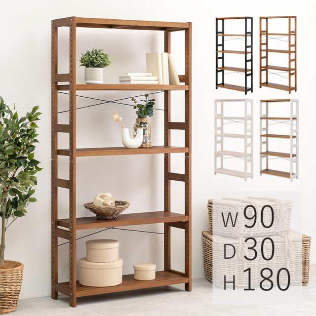 Wood Rack ウッドラック 5段 幅90cm　(ラック 棚 天然木 パイン シンプル ナチュラル 木目 耐久性 高さ調節 補強金具 脚裏クッション イ