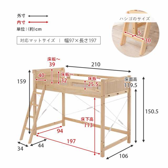 LoftBed ロフトベッド シングル ベッド下113cm　(木製 天然木 パイン 木目 収納 頑丈 すのこ 通気性 安全設計 梯子 宮棚 サイドフック ２