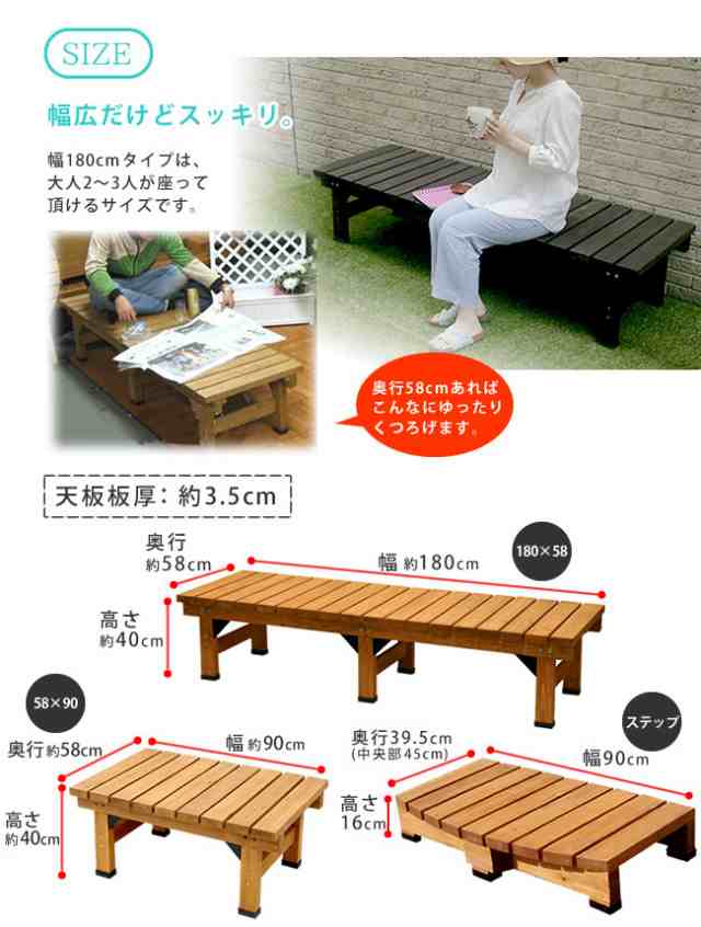 デッキ縁台 3点セット 奥行58 (踏み台 ベンチ 縁側 庭 ガーデン