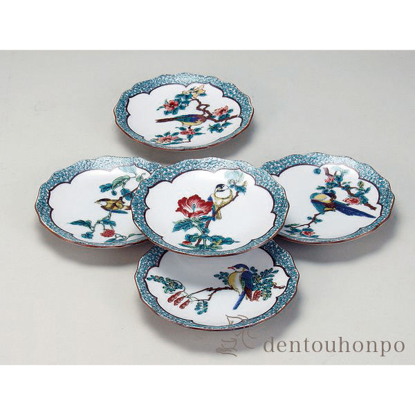 九谷焼 皿揃 緑彩唐草花鳥 4号 ( 初任給 プレゼント 父の日 早割 和食器セット お皿 揃える 食器 和食 九谷焼 結婚 出産 )