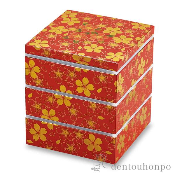 「送料無料」 角三段重 華の舞 赤 5寸 シール付 ( おせち 運動会 漆塗り お正月 人気 山中漆器 遠足 運動会 正月 おせち )の通販は 5,747円