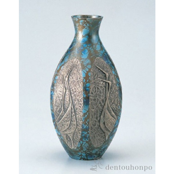 定番，お買い得】 「送料無料」 銅製花瓶 六角ダルマ鶴地紋 8号 ( 木札