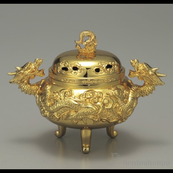 「送料無料」 龍神香炉 純金メッキ 台付き ( お香 線香 リラックス 仏具 人気 高岡銅器 周年 創立 上場 竣工 上場 竣工 開店 )