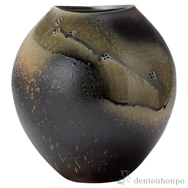 「送料無料」 花瓶 灰釉印華 ( へちもん 木札名入れ有料 ガラス フラワーベース 花器 一輪挿し おすすめ 信楽焼 周年 創立 上場 竣工 )の通販は