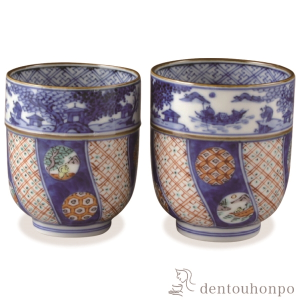 「送料無料」 組湯呑 色絵丸紋山水 ペア ( 木箱名入れ有料 湯呑み 湯のみ セット 湯飲み おすすめ セット 清水焼 京焼 結婚 出産 )