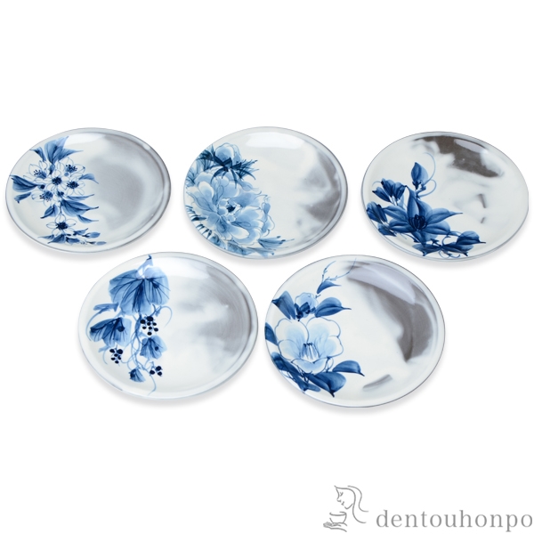 「送料無料」 四寸皿揃 染付草花 5個セット ( 名入れ有料 プレート 醤油皿 豆皿 和食 洋食 清水焼 京焼 結婚 出産 内祝い 引き出物 )の通販は