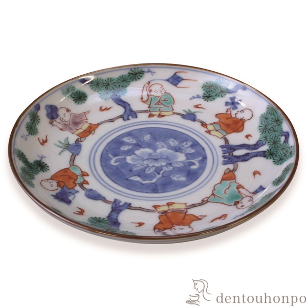 「送料無料」 四寸皿 色絵唐子 ( 名入れ有料 退職祝い 定年 プレート 醤油皿 豆皿 和食 洋食 清水焼 京焼 結婚 出産 内祝い 引き出物 )