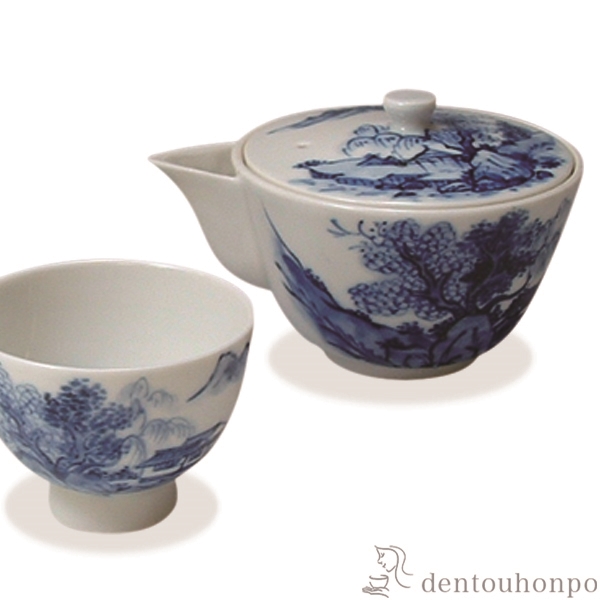 「送料無料」 小茶器揃 染山水 宝瓶1個・さまし1個・碗5個セット ( 名入れ有料 茶器セット 急須 湯呑み 日本茶 中国茶 清水焼 京焼 )_1