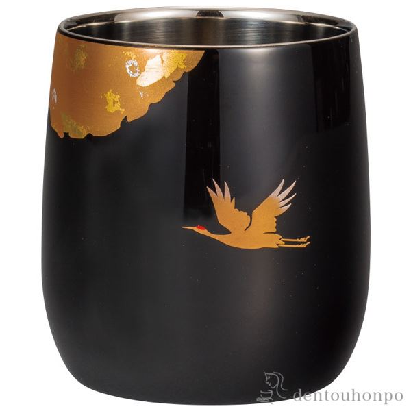 漆磨 2重ロック ダルマ 黒 赤富士に鶴 木箱入 コースター付 山中塗