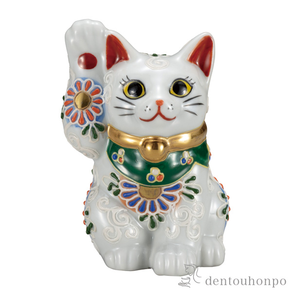 招き猫 白盛 4号 ( 木札名入れ有料 退職祝い 定年 置物 幸運 開運 まねきねこ 風水 九谷焼 結婚 出産 内祝い 引き出物 )