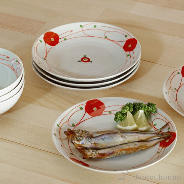 皿 赤絵小花 5号 5個セット ( 赤絵小花 初任給 プレゼント 母の日 プレート おつまみ 料理 和食 洋食 波佐見焼 結婚 出産 内祝い )_2