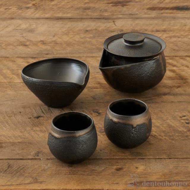 「送料無料」 宝瓶茶器揃 黒銹 大 ( 清水焼 京焼 茶器セット 急須 湯呑み 日本茶 中国茶 清水焼 京焼 結婚 出産 内祝い 引き出物 )_1