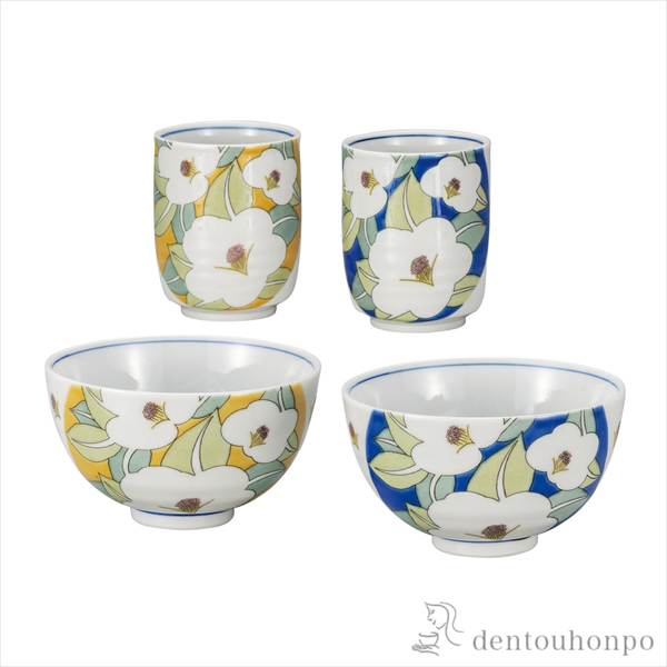 「送料無料」 睦揃 釉彩花椿 ( 退職祝い 定年 夫婦茶碗 夫婦湯呑 セット ご飯茶碗 湯飲み 九谷焼 結婚 出産 内祝い 引き出物 )