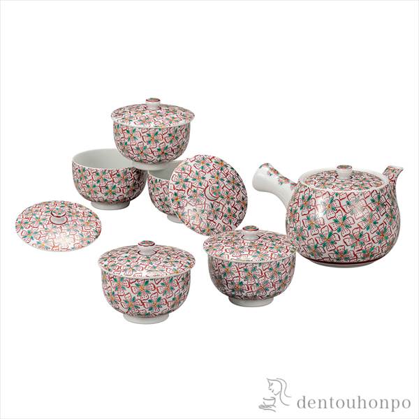 「送料無料」 蓋付茶器セット 花紋 ( 初任給 プレゼント 父の日 早割 茶器セット 急須 湯呑み 日本茶 中国茶 九谷焼 結婚 出産 )