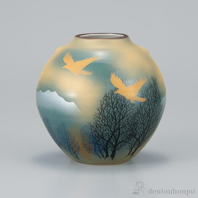 花瓶 木立連山に鳥 5.5号 ( 木札名入れ有料 初任給 プレゼント 父の日 早割 ガラス フラワーベース 花器 一輪挿し おすすめ 九谷焼 )