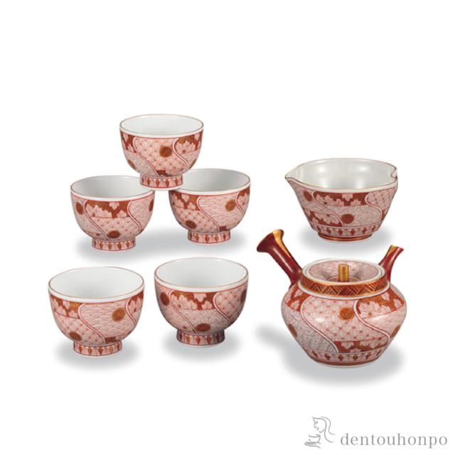 「送料無料」 小茶器揃 赤絵小紋 ( 木箱名入れ有料 茶器セット 急須 湯呑み 日本茶 中国茶 九谷焼 結婚 出産 内祝い 引き出物 金婚式 )