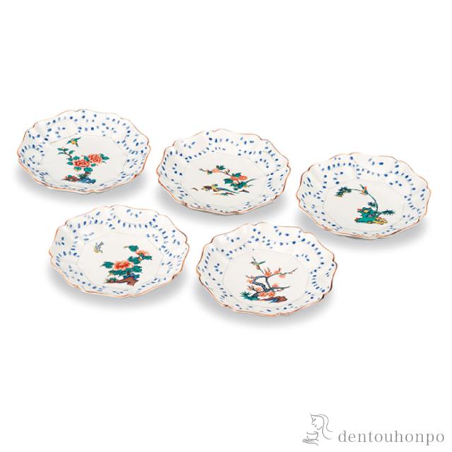 「送料無料」 皿揃 花鳥絵変わり 5.5号 5枚セット ( 和食器セット お皿 揃える 食器 和食 九谷焼 結婚 出産 内祝い 引き出物 )