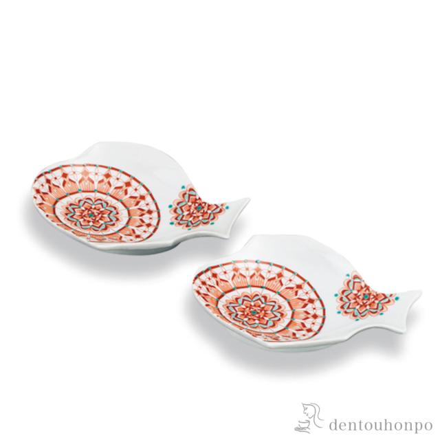 「送料無料」 型打ち皿 赤絵 3.8号 ペア ( プレート 醤油皿 豆皿 和食 洋食 九谷焼 結婚 出産 内祝い 引き出物 金婚式 )