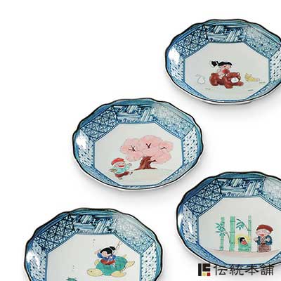「送料無料」 九谷焼 皿揃 日本むかし話 4.2号 5枚セット ( 退職祝い 定年 陶器 小皿 豆皿 醤油皿 食器 九谷焼 結婚 出産 内祝い )