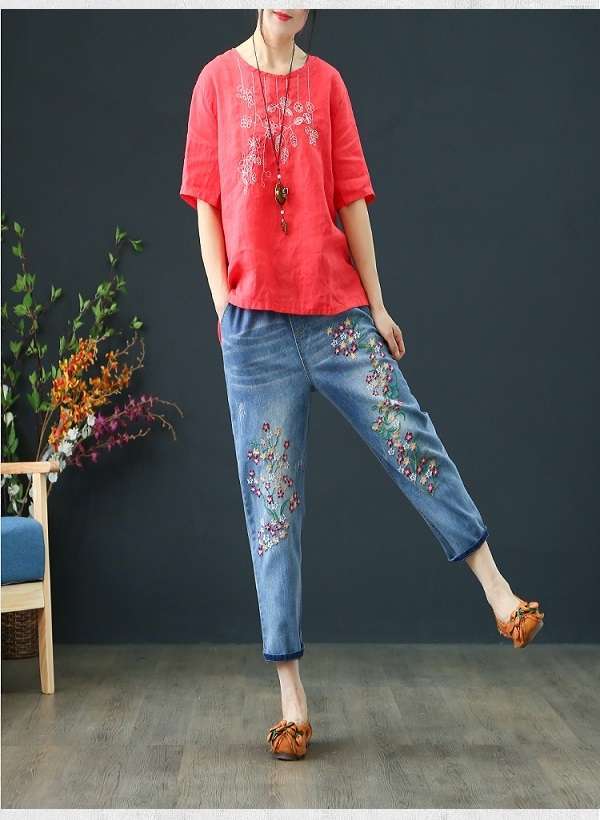 刺繍入りジーンズ デニム 花柄 ロールアップ ボーイフレンド ゆったり レディースの通販はau Pay マーケット Aeka Clothet