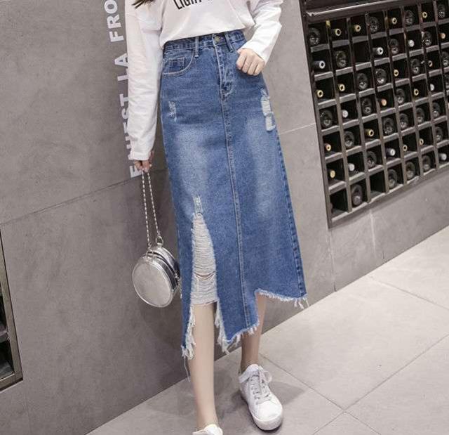 ハイウエスト デニムスカート ダメージデニム ミディアムスカート スリットスカート アシンメトリー レディース オルチャンファッションの通販はau Pay マーケット Aeka Clothet