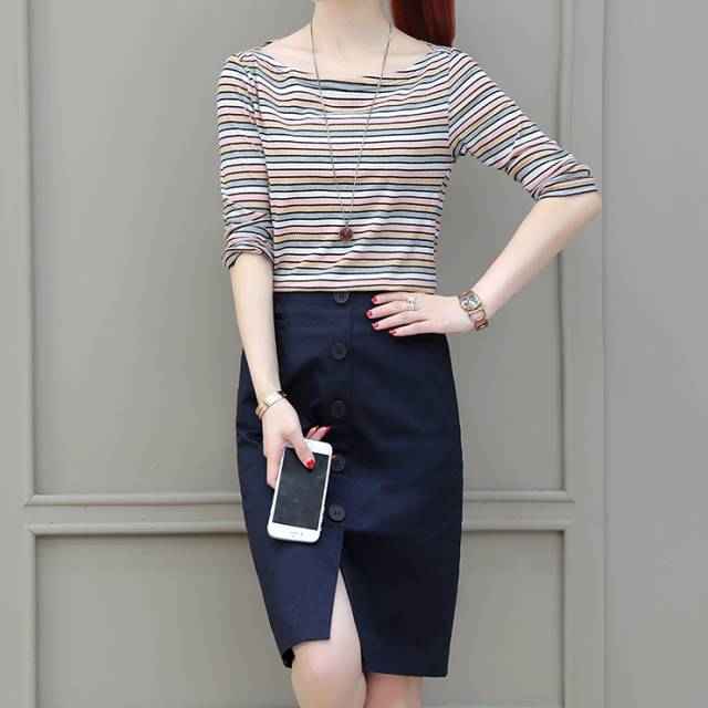 ボーダー ニット タイトスカート セットアップ 春服 秋服 七分袖 スリットスカート レディース 韓国 ファッション きれいめ 服の通販はau Pay マーケット Aeka Clothet