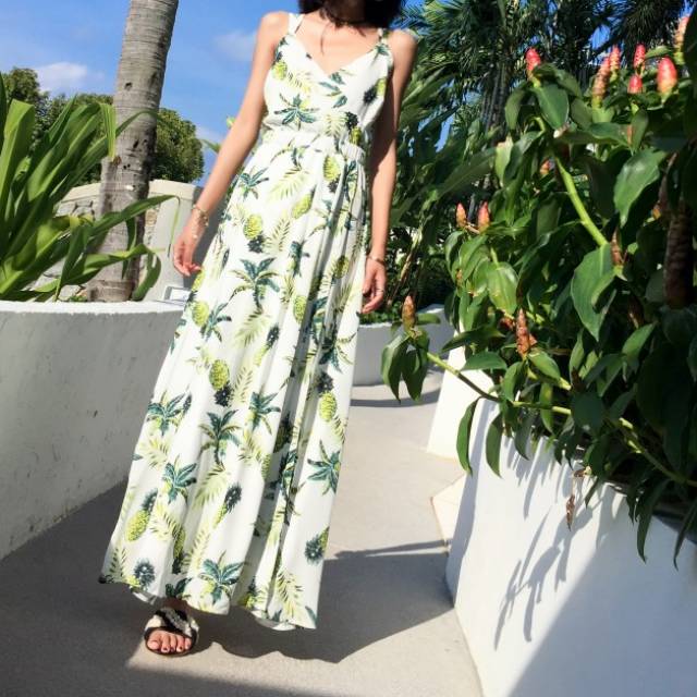 花柄 パイナップル ロングワンピース バックストラップ フレアスカート 夏服 レディース リゾートファッション ハワイアン 韓国 ファッシの通販はau Pay マーケット Aeka Clothet