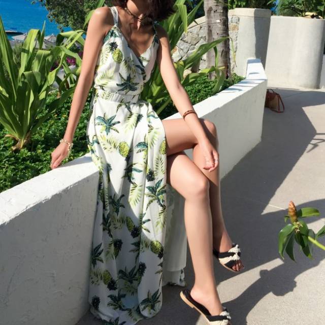 花柄 パイナップル ロングワンピース バックストラップ フレアスカート 夏服 レディース リゾートファッション ハワイアン 韓国 ファッシの通販はau Pay マーケット Aeka Clothet