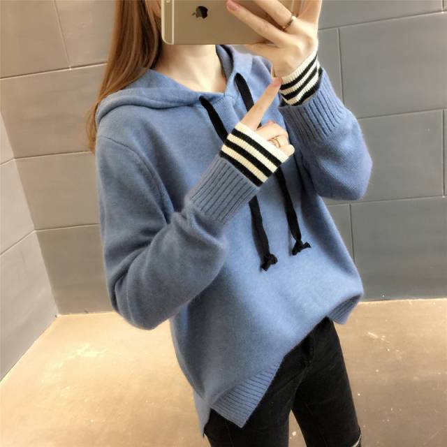 秋冬 ニット セーター ロングパーカー フード付き ゆったり ボーダートップス カジュアル 重ね着風 レディースの通販はau Pay マーケット Aeka Clothet
