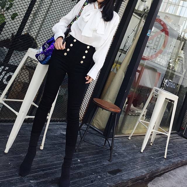 ハイウエスト ストレッチスキニーパンツ ダブルボタン 秋服 冬服 通勤 レディースの通販はau Pay マーケット Aeka Clothet