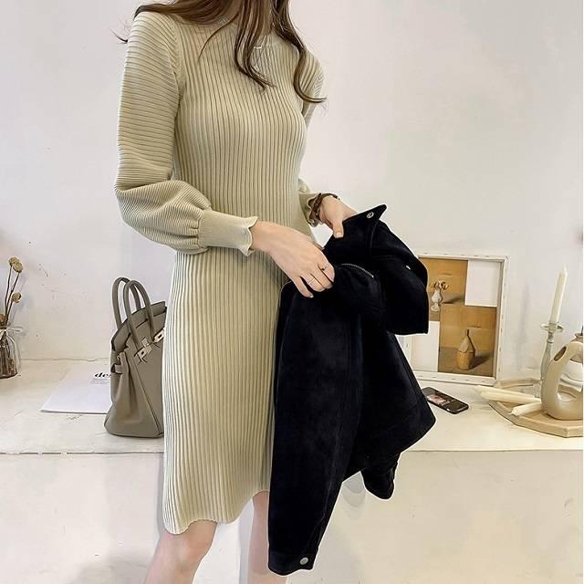 ボリューム袖 リブニットワンピース ベルト付き 膝丈 スカート 秋服 冬服 通勤 レディースの通販はau Wowma Aeka Clothet