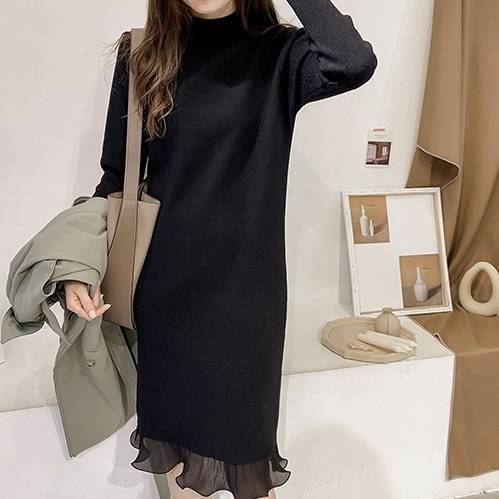裾フリル ニットワンピース 膝丈 ハーフハイネック ブラック 秋服 冬服 通勤 レディースの通販はau Pay マーケット Aeka Clothet
