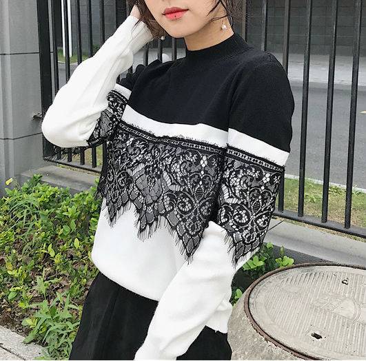 秋冬 バイカラー ニット トップス レース 長袖 レディース ハイネック 丸首 ピンクの通販はau Wowma Aeka Clothet