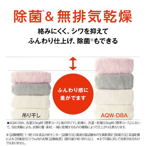 AQUA ドラム式洗濯機 右開き 洗濯8kg 乾燥4.5kg 幅59.5cm お湯洗い 除菌&無排気乾燥 まっ直ぐドラム AQW-D8A-R(W) ホワイト系_16