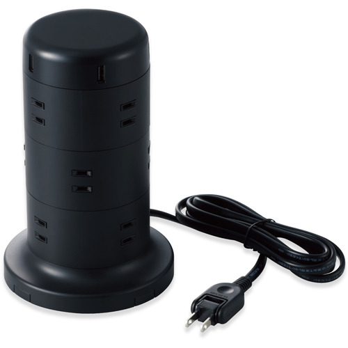 エレコム TT-U02-1220BK タワー型タップ 12個口 雷サージ付 ホコリ防止シャッター付 固定可能 5ポート合計出力4.8A 2.0m ブラック の通販は