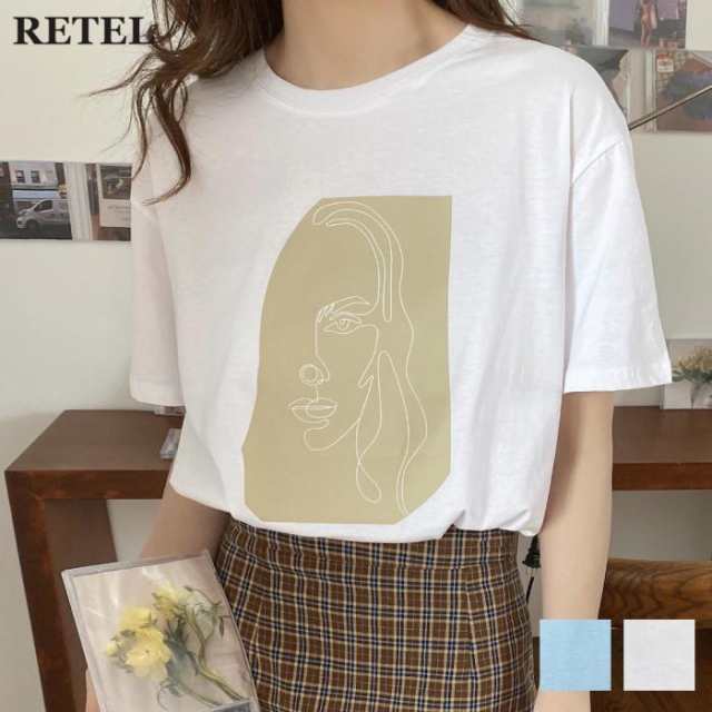 フェイスプリントデザインtシャツ レディース春夏 フリーサイズ ホワイト ブルー 服 トップス Tシャツ フェイス 顔 半袖 一筆書き風 ガーの通販はau Pay マーケット Retel