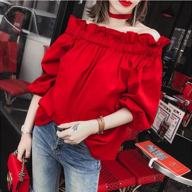 レディース春夏 エレガント オフショル ボリューム 五分袖 シャツ S M L レッド シンプル 無地 大人 カジュアル ミセス マダム 薄手 の通販はau Pay マーケット Retel