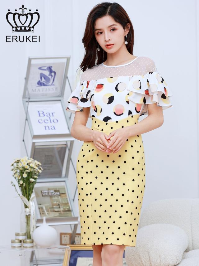 Erukei ドット イエロー タイト デコルテシースルー ミニドレスワンピース ワンピース 1400 の通販はau Pay マーケット 有限会社エルケイ