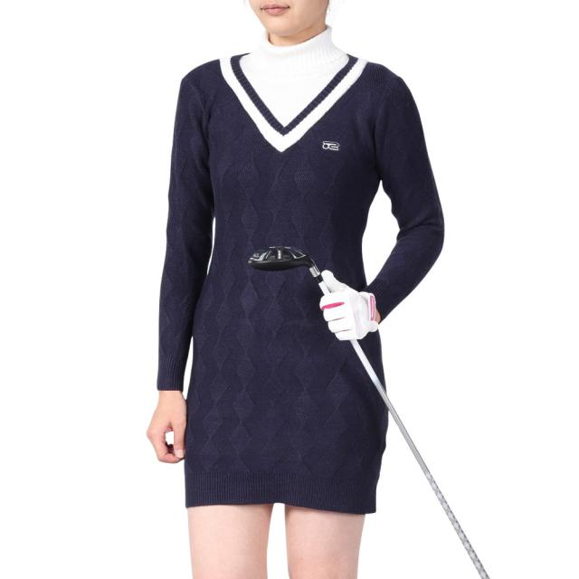 ROSASEN(ROSASEN)ゴルフウェア 保温 A-Line レイヤードウェーブニットワンピース 048-62011-09…