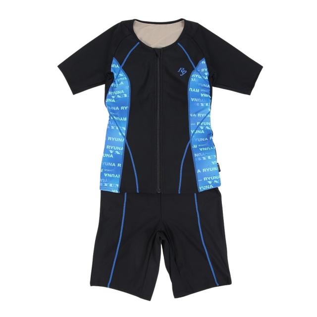 リュウナ(Ryuna)フィットネス水着 レディース サイドロゴ柄 半袖 ブルー 青 3L-5L NB2514RBL めくれ防止…