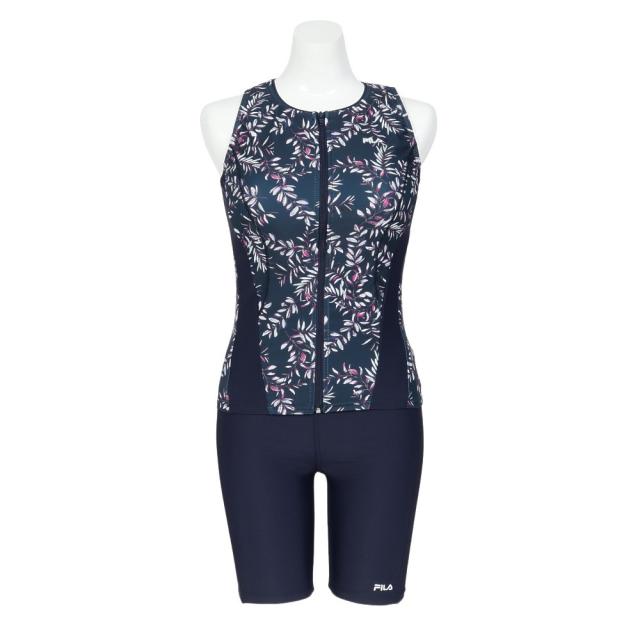 フィラ(FILA)フィットネス水着 レディース 水泳 リーフ柄プリント フルジップ セパレート 紺 M-LLサイズ 31560…
