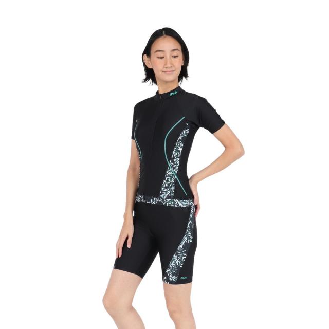 フィラ(FILA)フィットネス水着 レディース 水泳 リーフ柄プリント ジップセパレート 黒 ブラック M-LLサイズ 315…