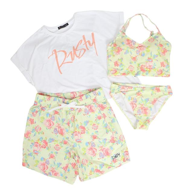 ラスティ(RUSTY)水着 4点セット Tシャツ 水着上下 ショートパンツ924801YEL イエロー フラワー(Lady’s)