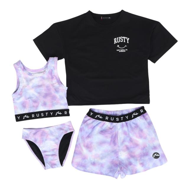 ラスティ(RUSTY)水着 キッズ 裾ドロストニコちゃんラッシュTシャツ付き 4点セット 966801PPL(Jr)