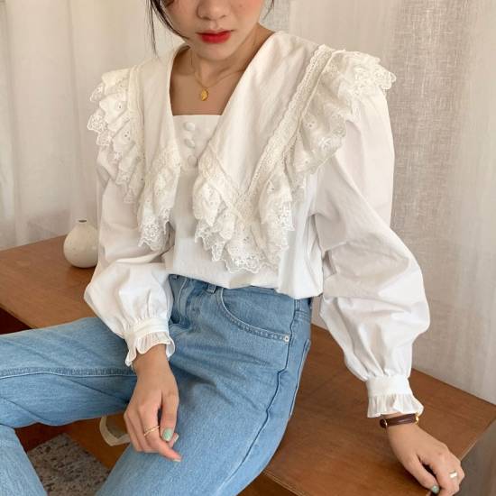 ブラウス シャツ レディース トップス ビッグカラー レース フリル ガーリー 可愛い ブラウス ホワイト シャツ 大きいサイズ 韓国 春新作の通販はau Pay マーケット Leaflower