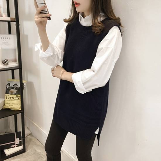 即納 ニットベスト シャツ セット レディース トップス カジュアル 長袖 シャツ ラウンドネック ロング ニット ベスト 2点セット 大きいの通販はau Pay マーケット Leaflower